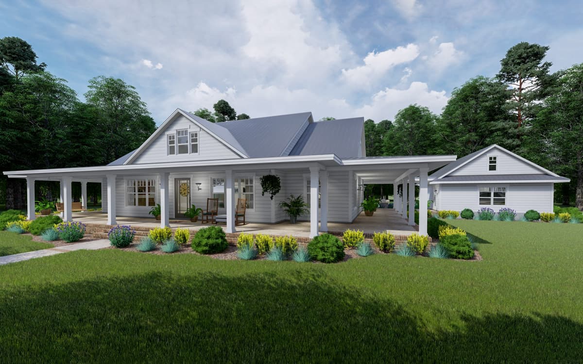 House plan exterior with Craftsman style, one story, and a wraparound porch. Features include gables and a detached garage with similar roofline.