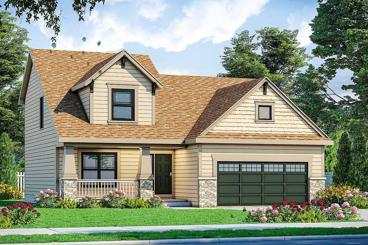 House plan exterior featuring Craftsman style, two stories, front porch, gables, and an attached garage.