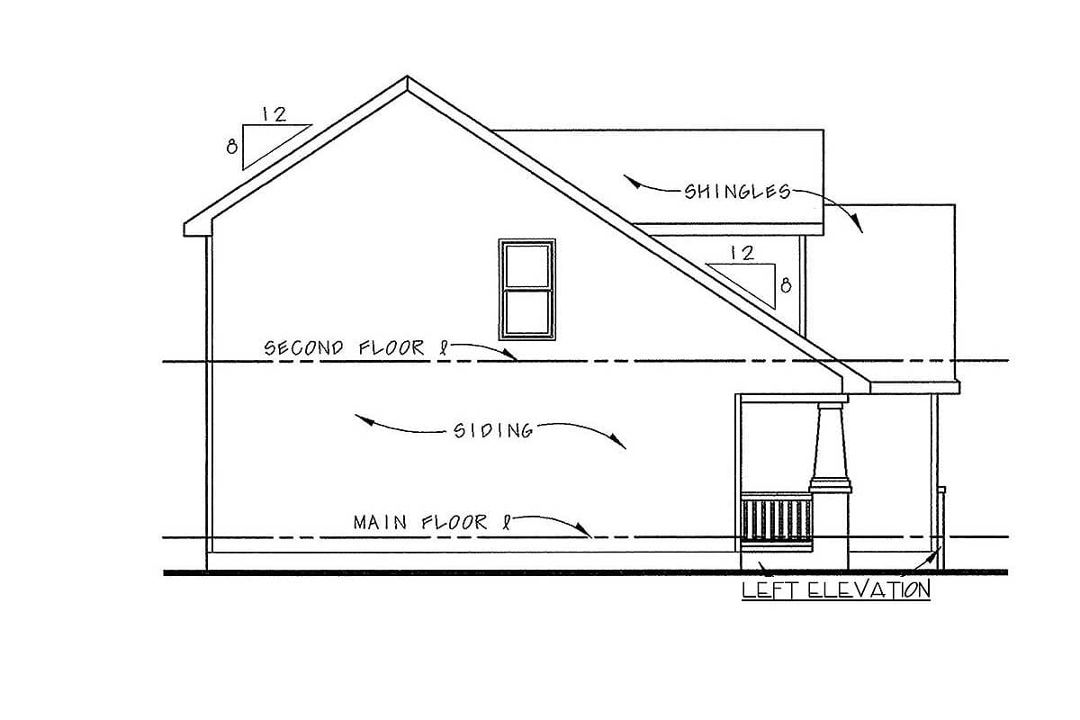 Left elevation house plan with siding, shingles, one window, and a covered porch with railing.