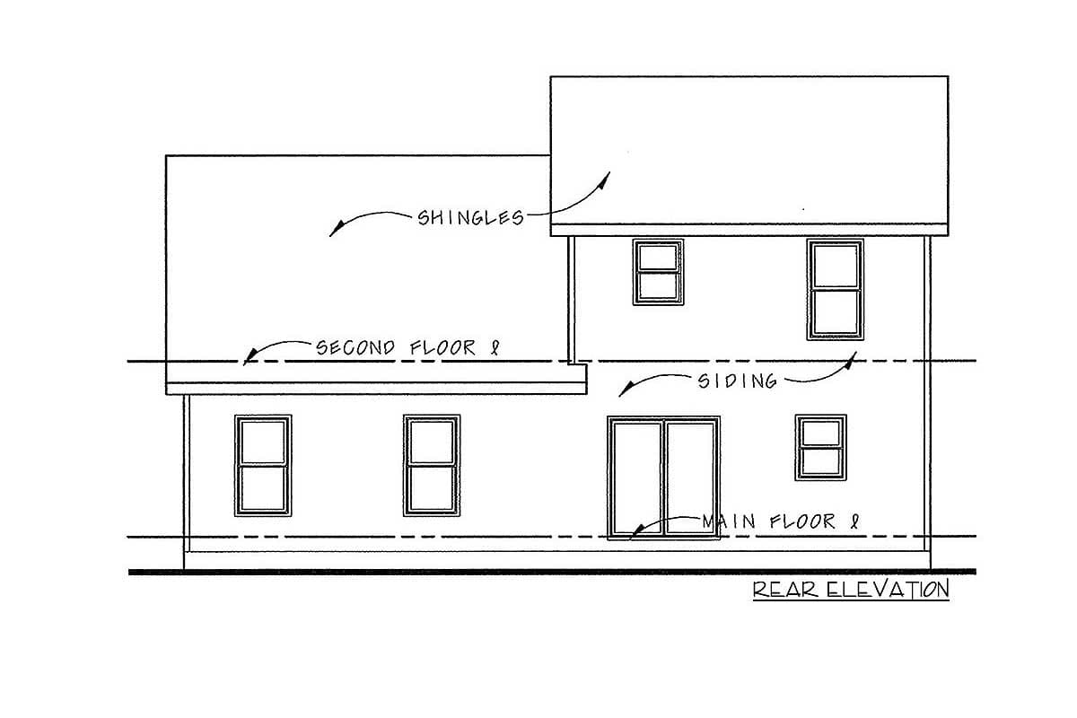 Rear elevation drawing of a two-story house plan with shingles, siding, and multiple windows.