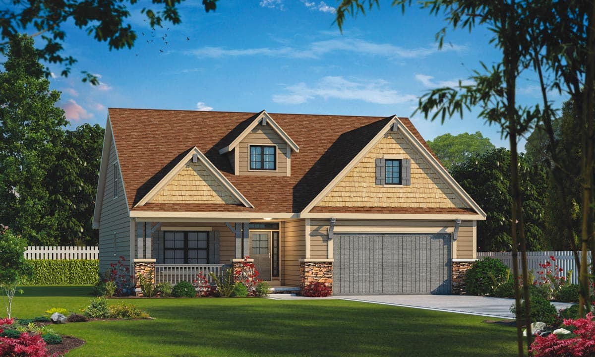 House plan exterior. Craftsman style, two stories with gabled roof, front porch with columns, and attached garage. Features dormers.