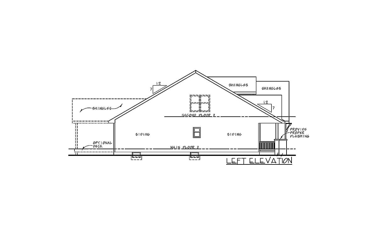 Left elevation house plan showing siding, shingles, a second-floor dormer window, and an optional deck.
