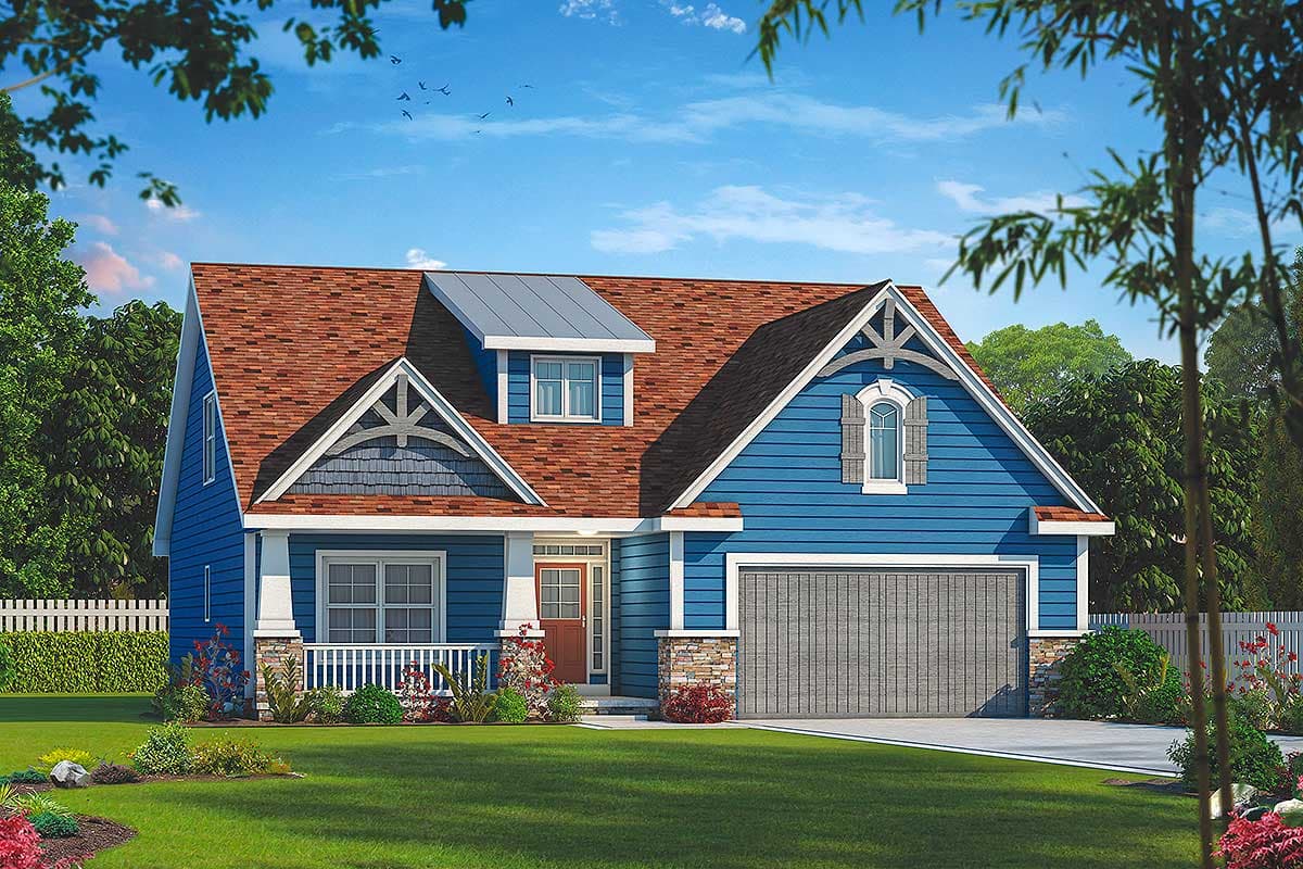 House plan exterior of a two-story blue house with a gabled roof, dormer, porch, and attached garage.