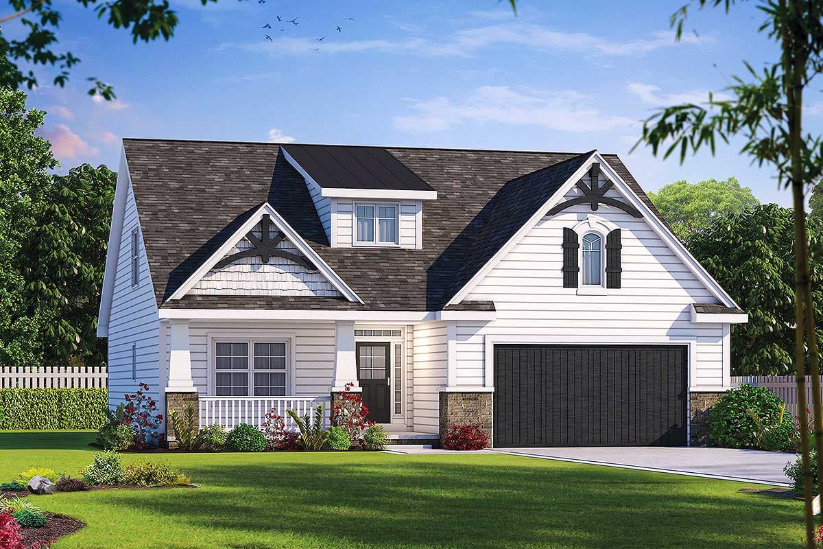 House plan exterior showing a two-story Modern Farmhouse with gables, dormer window, porch, and front-facing garage.