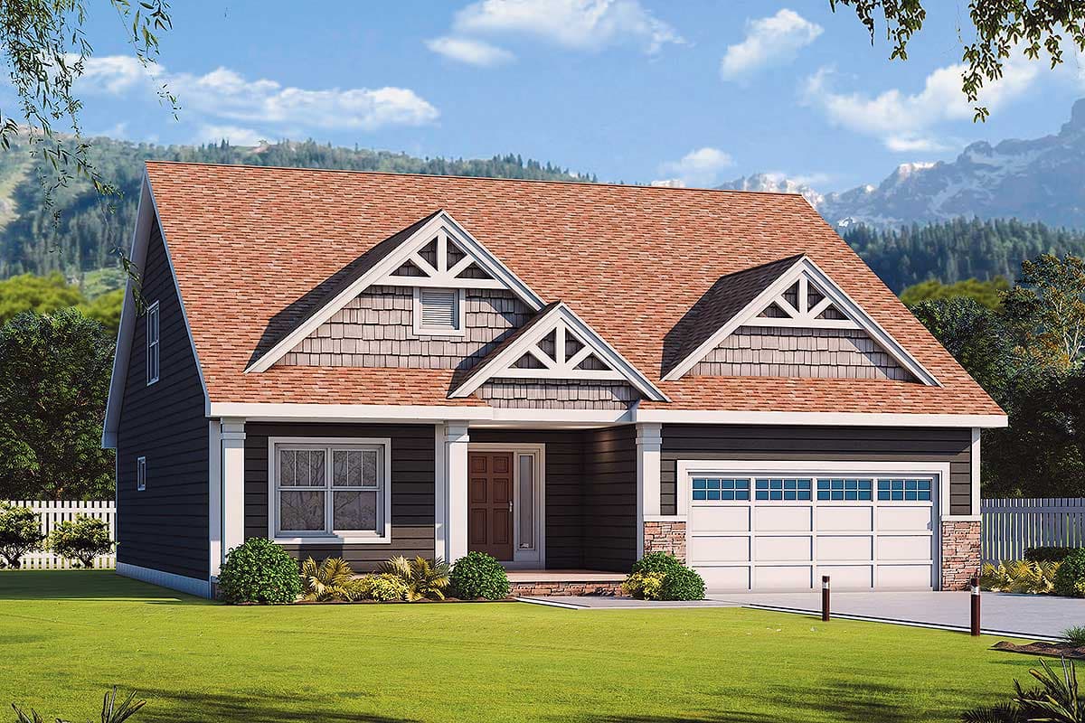 House plan exterior. Craftsman-style, one-story home with gabled roof, dormers, and attached garage. Stone accents on facade and garage.