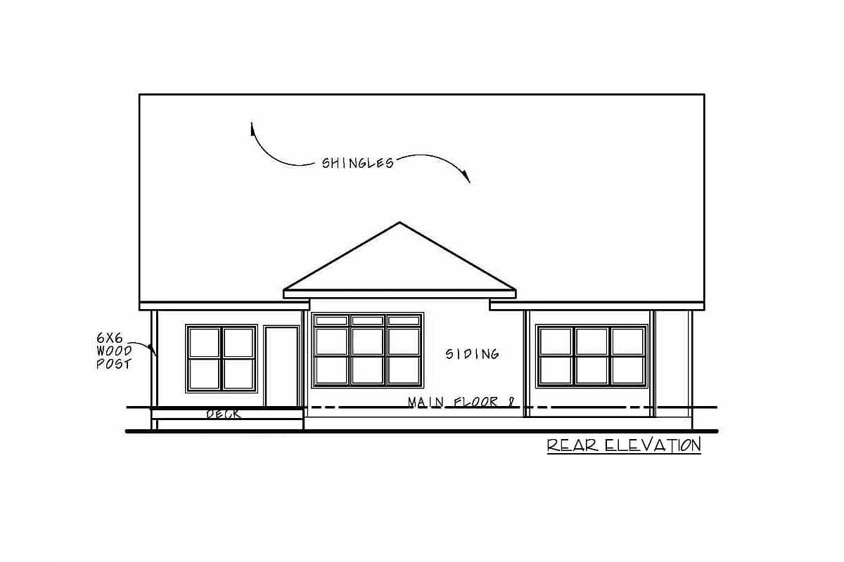 Rear elevation drawing of a house with siding, a deck, 6x6 wood posts, and a gable roof with shingles.