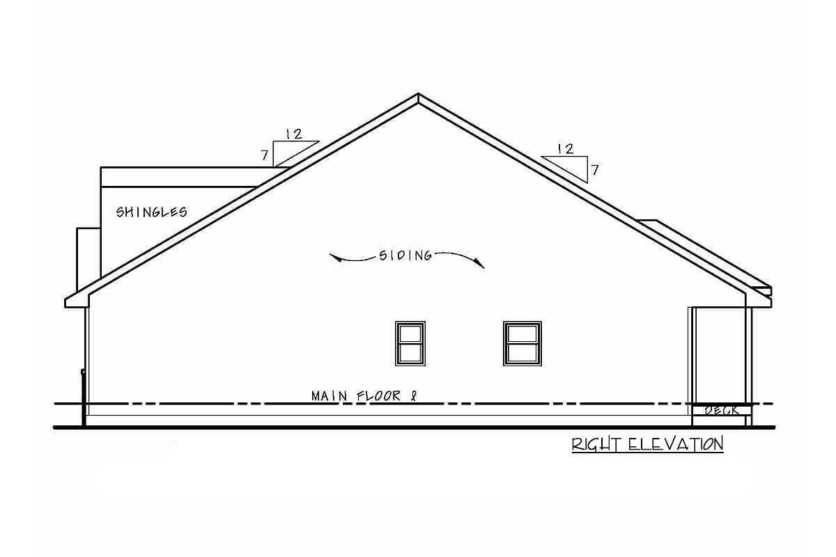 Right elevation drawing of a house plan, showing shingles, siding, two windows, and a deck.