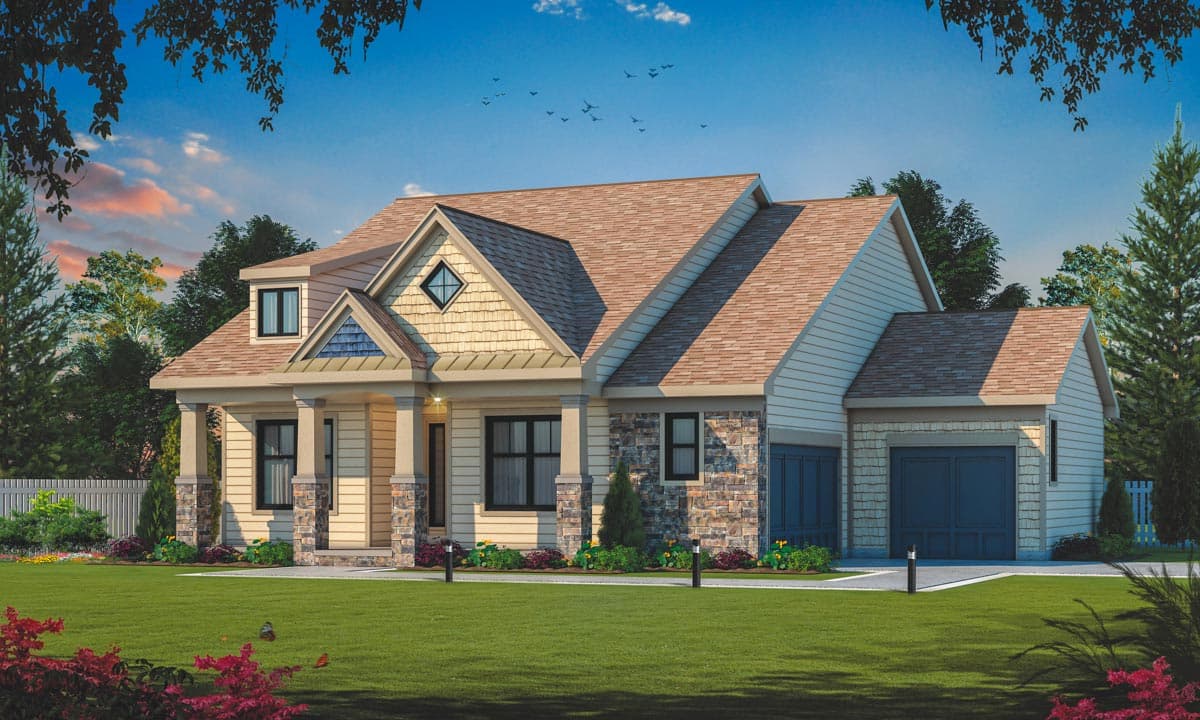 House plan exterior. Two-story Craftsman home with gabled roof, stone accents, and front porch. Attached garage with blue doors.