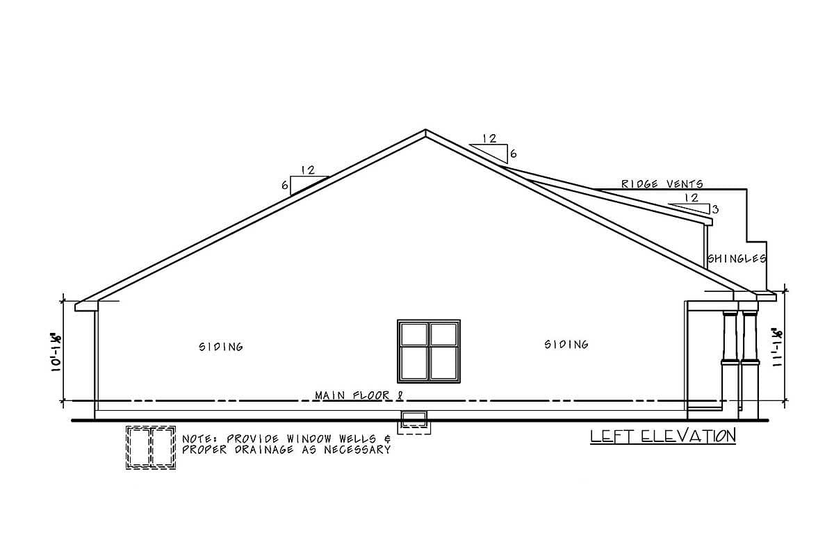 Left elevation house plan showing siding, a single window, a gable roof with ridge vents, and foundation notes.