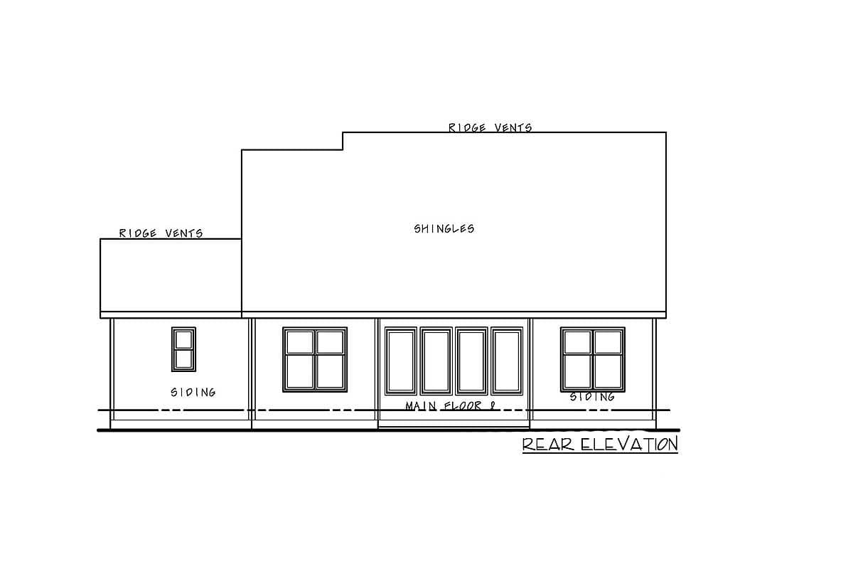 Rear elevation house plan drawing with shingles, siding, ridge vents, and varied window configurations on the main floor.