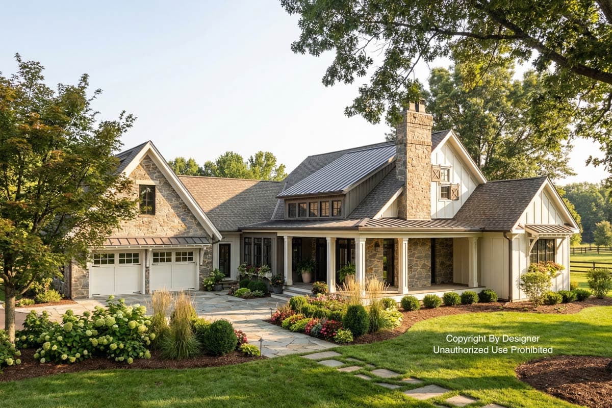 A large, luxury home with a stone and white exterior. It features a manicured lawn, stone pathway, and well-maintained landscaping with trees.
