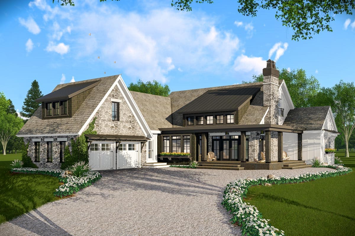 House plan exterior: Stone and shingle siding, gabled roof, dormer window, and a covered porch with stone pillars.