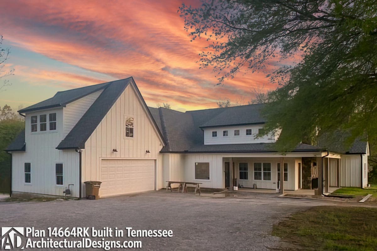 Modern Farmhouse house plan exterior with a prominent gable, attached garage, and covered porch.
