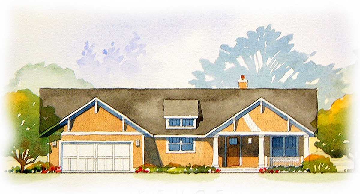 House plan exterior. Ranch-style home with a single story, gable roof, dormer, and attached garage. Includes a covered porch with columns.