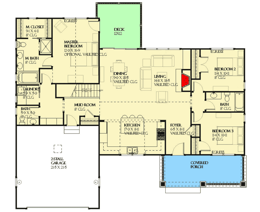Plan 970059VC: Shingle Style Ranch with Split Bedroom Layout - 2467 Sq Ft - Floor Plan - Main Level - Craftsman, Ranch, Shingle