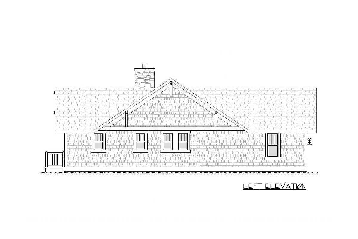 Left elevation house plan drawing showing a shingled exterior, stone chimney, and multiple windows.