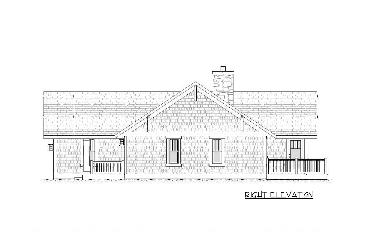 Right elevation house plan showing a gable roof, brick chimney, two front-facing dormers, and a covered porch.
