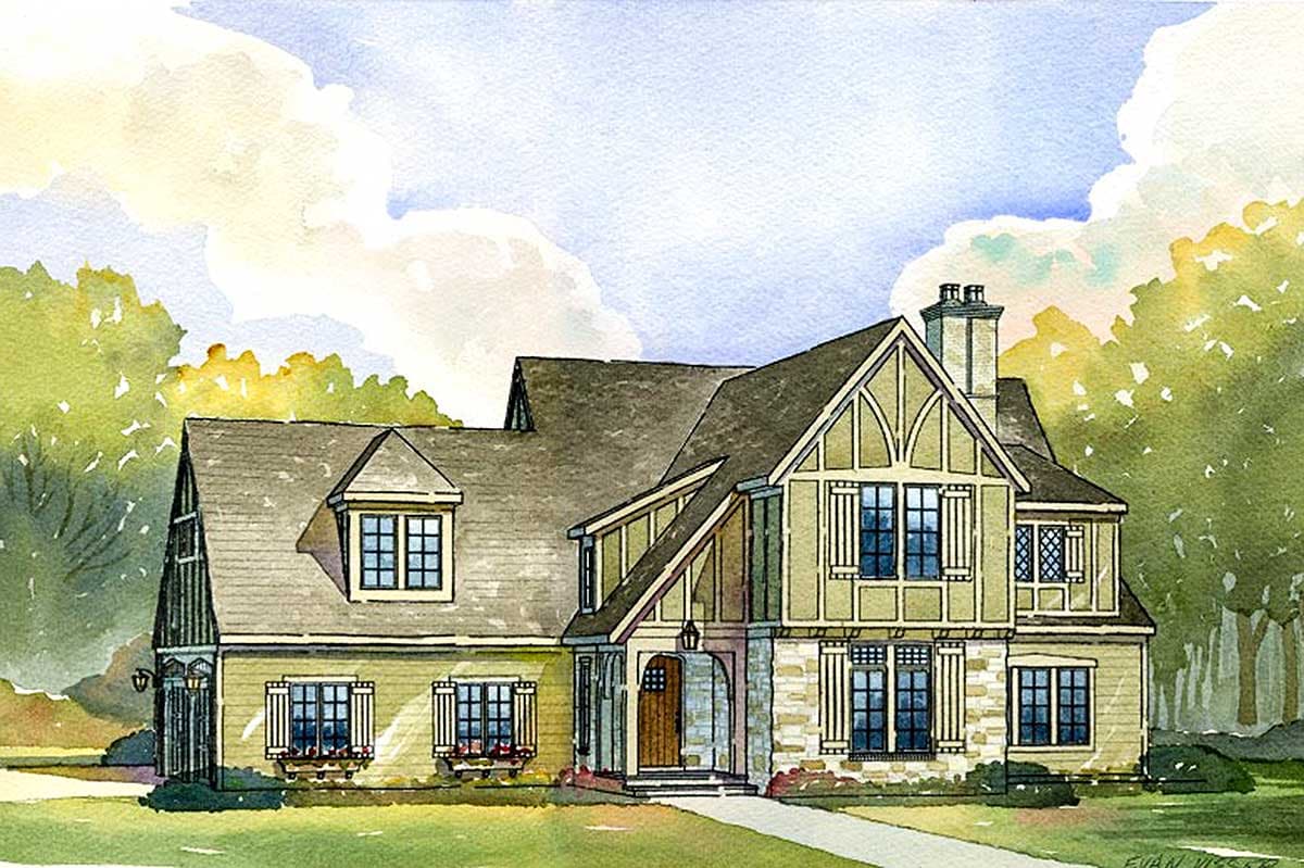 House plan exterior rendering. Two-story Tudor style house with gabled roof, stone accents, and dormer windows.