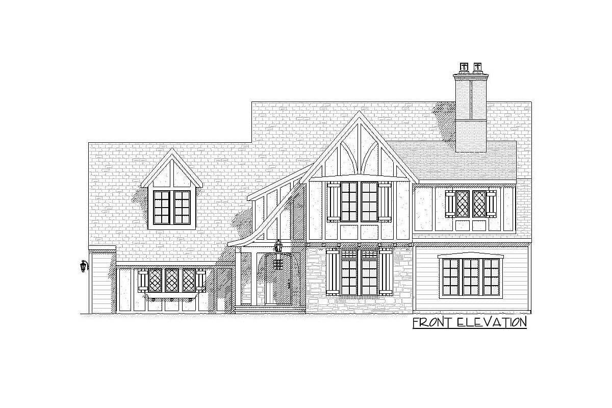 Front elevation drawing of a Tudor-style house plan with prominent gables, stone and wood siding, and multi-pane windows.
