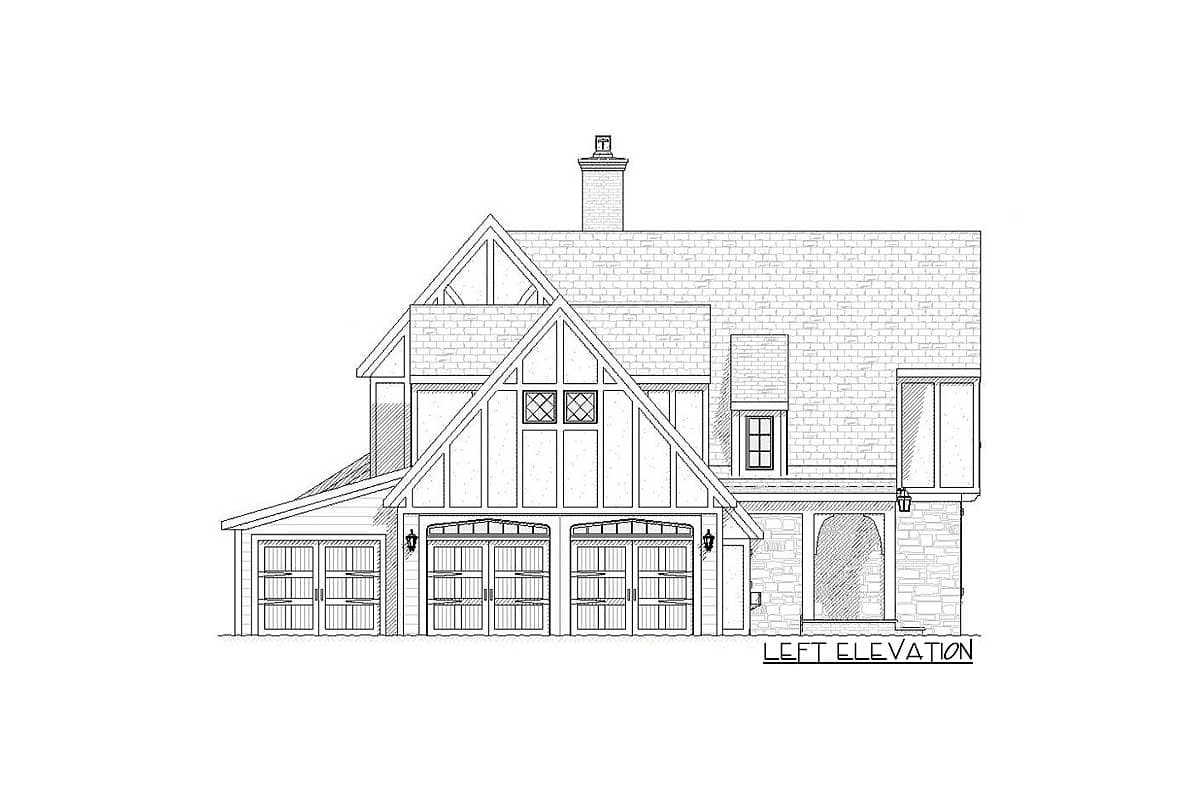 Left elevation house plan with multiple gables, stone accents, and a three-car garage.