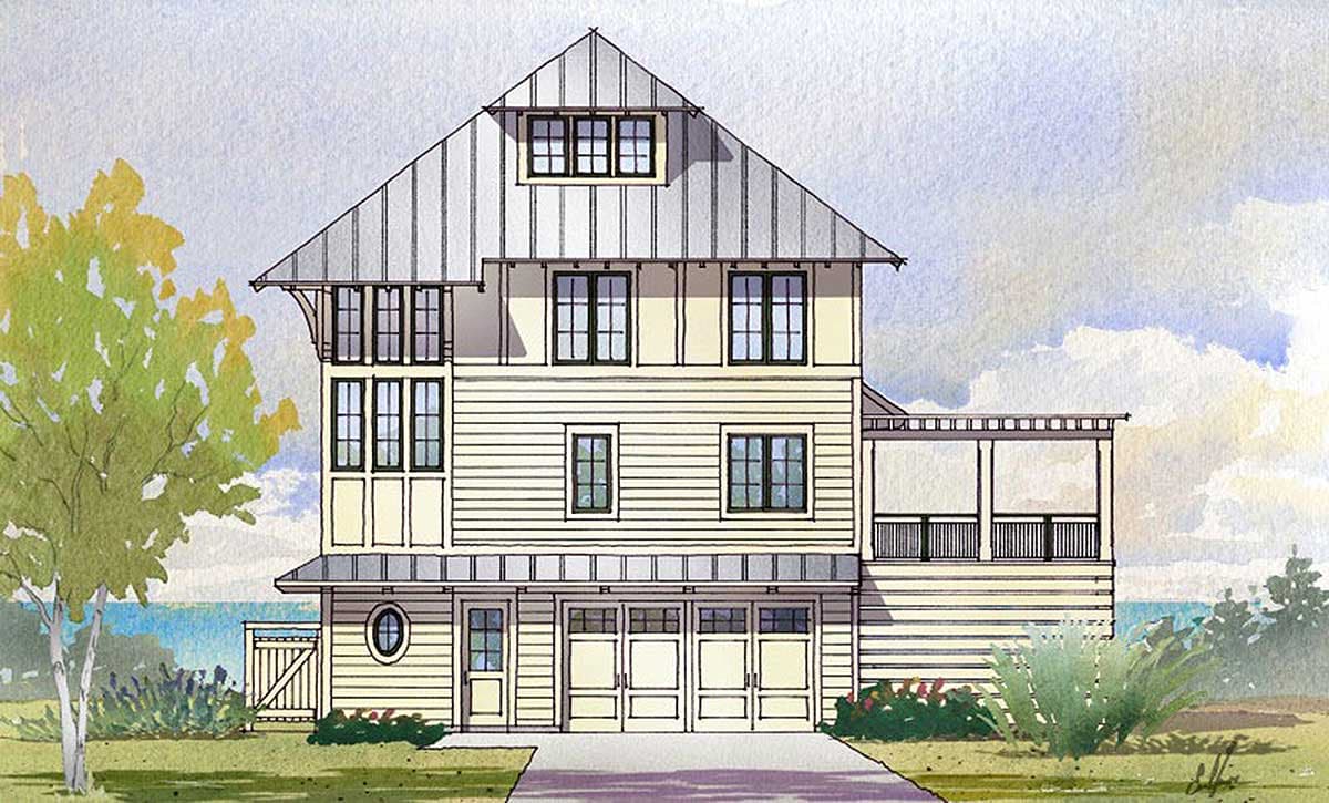 House plan exterior with two stories, board and batten siding, gable roof, and attached garage. Includes a covered porch and balcony.