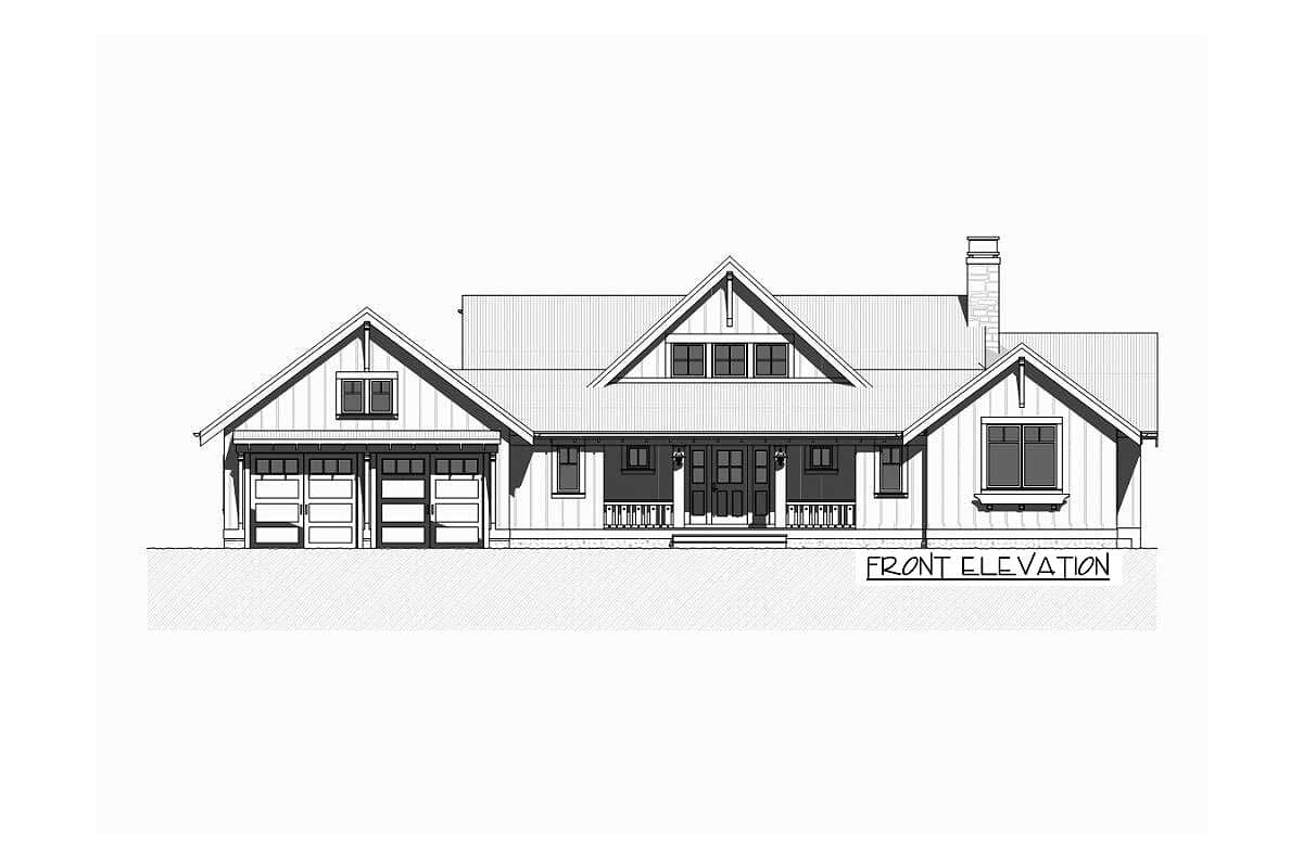 Front elevation house plan drawing with a three-car garage, covered front porch, and prominent gables.