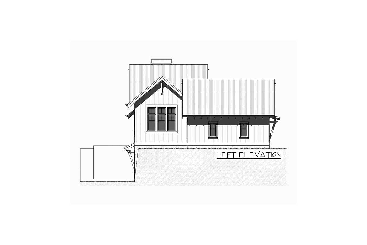 Left elevation house plan drawing showing a two-story structure with a gable roof, dormers, and multiple windows.