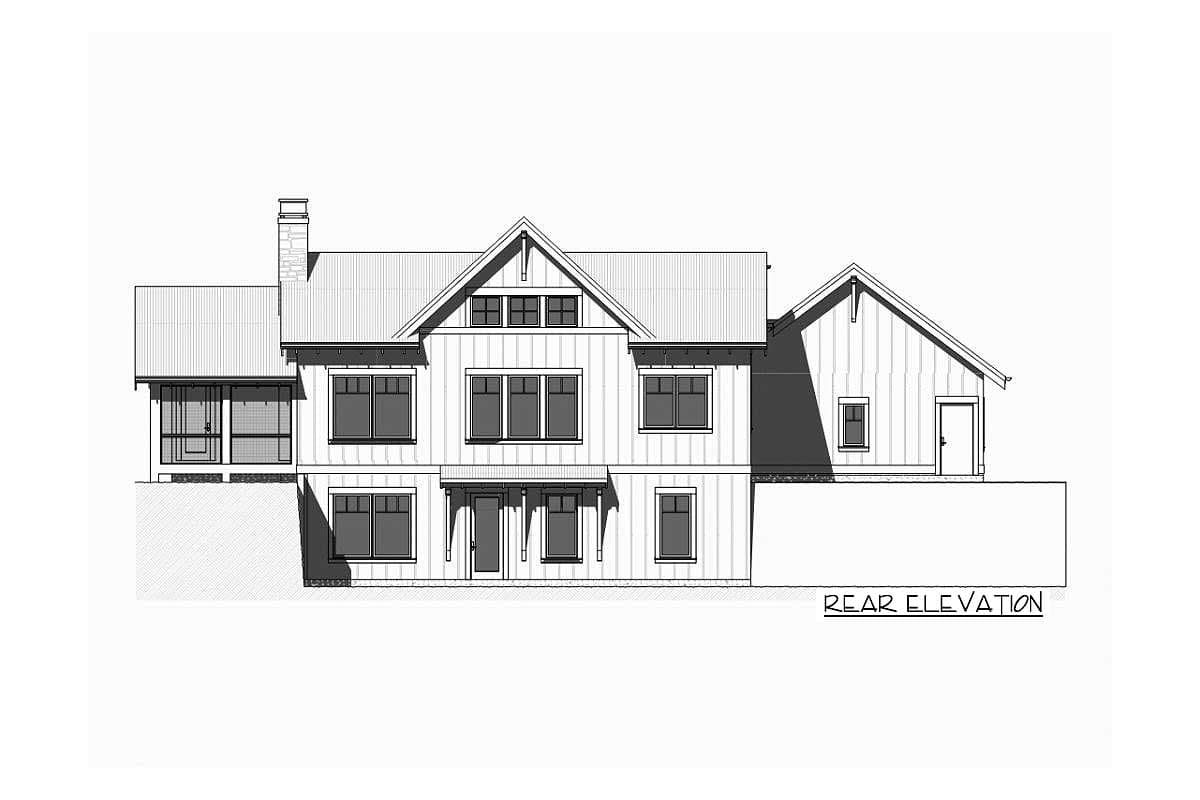 Rear elevation drawing of a two-story house plan with gables, dormers, and a screened porch.