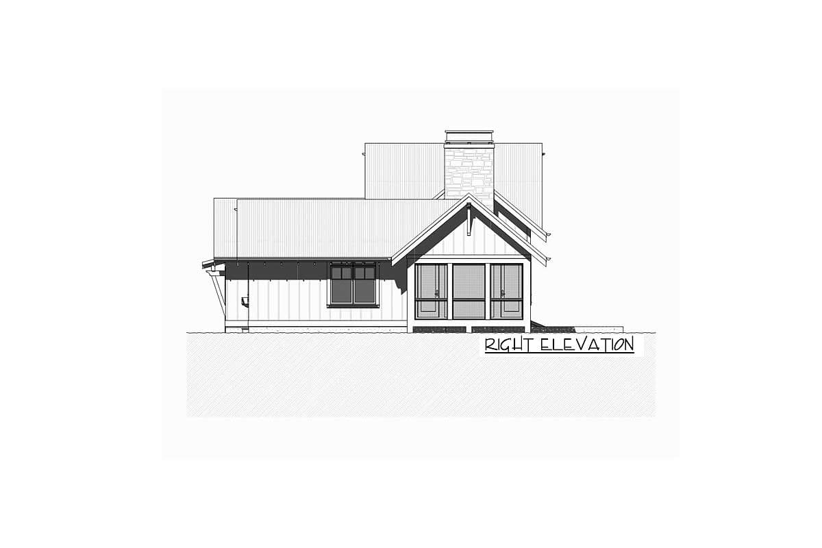 Right elevation drawing of a house plan with gabled roof, stone chimney, and large windows.