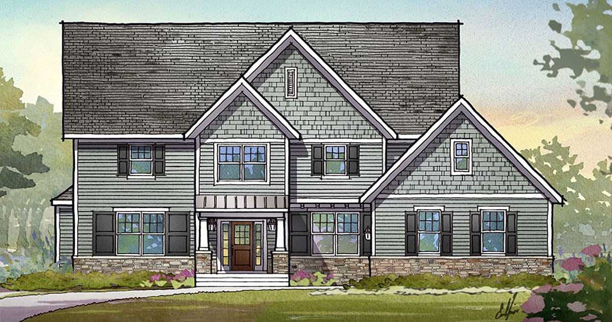 House plan exterior with two stories, gabled roof, and dormers. Front porch with columns and stone veneer on the lower facade.