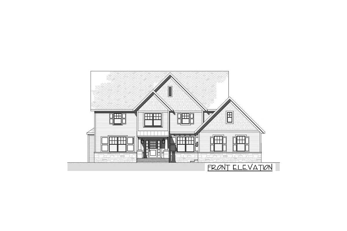 Front elevation drawing of a two-story house plan with a prominent gable, covered porch, and varied window styles.