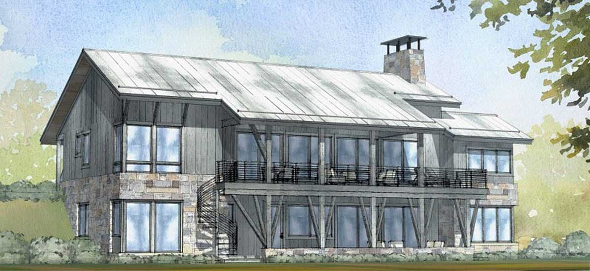 House plan exterior with two stories, stone and wood siding, metal roof, open deck with railing, and a spiral staircase.