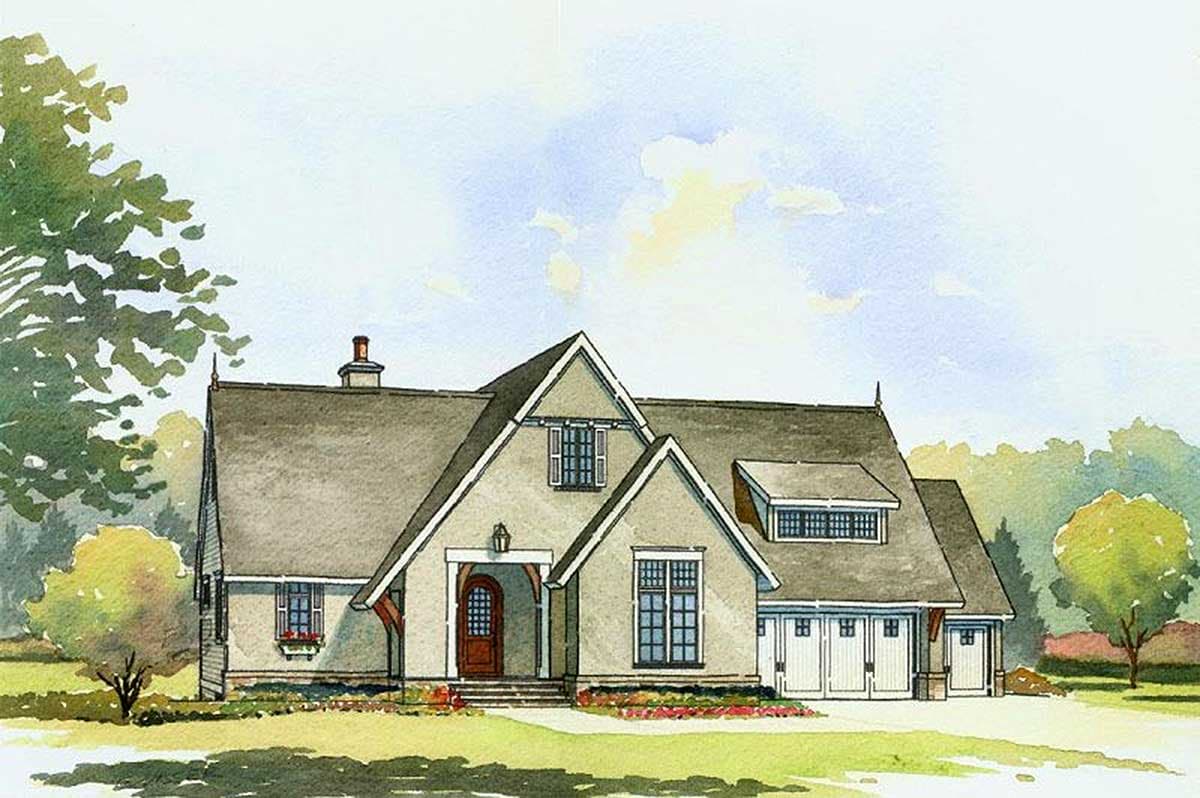 House plan exterior featuring a two-story Craftsman style home with gable rooflines, a front porch, and an attached garage.