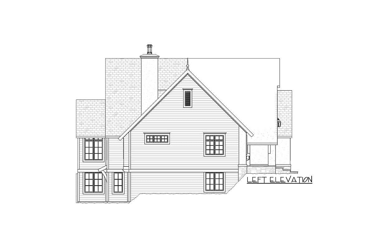 Left elevation house plan showing a two-story structure with gables, a prominent chimney, and multi-pane windows.