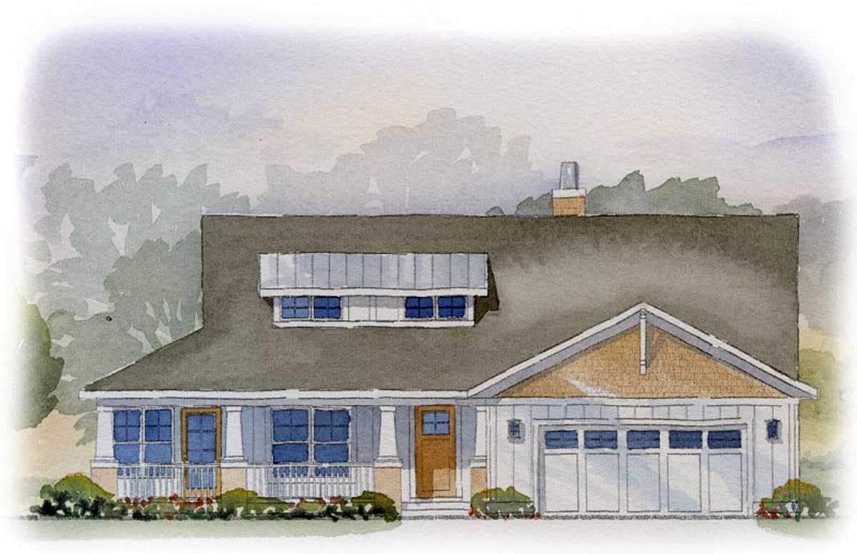 House plan exterior with Craftsman style, one story, front porch, shed dormer, and attached garage.
