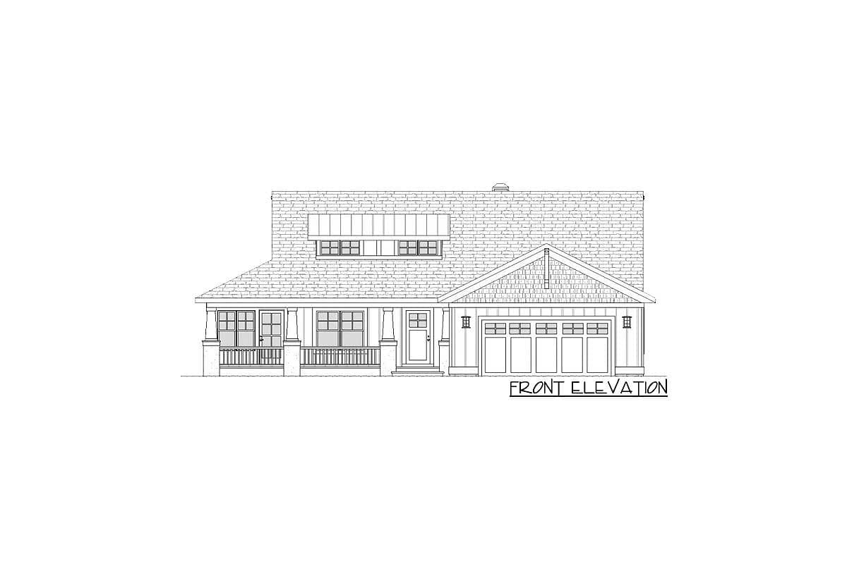 Front elevation drawing of a two-story house plan with a covered porch, prominent gables, and a multi-car garage.
