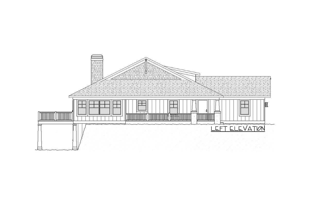 Left elevation drawing of a single-story house plan featuring a prominent gable, covered porch, and deck.