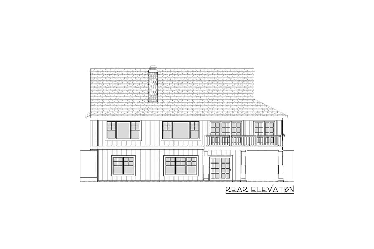 Rear elevation drawing of a two-story house plan featuring a balcony, multiple windows, and double doors.