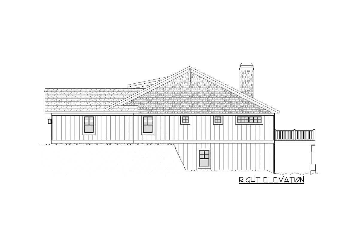 Right elevation drawing of a house plan showing gabled roof, shed dormers, and a deck.
