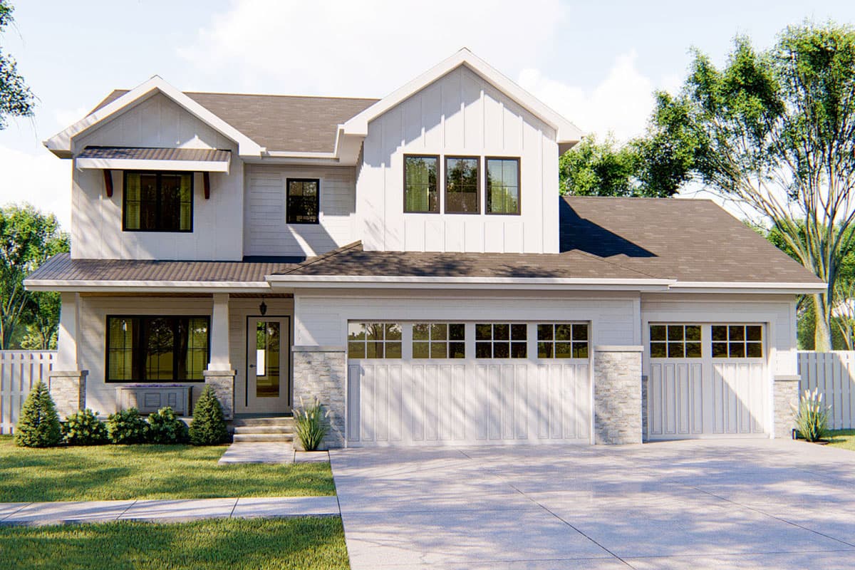 Modern Farmhouse house plan exterior with two stories, a covered front porch, board and batten siding, and a three-car garage.