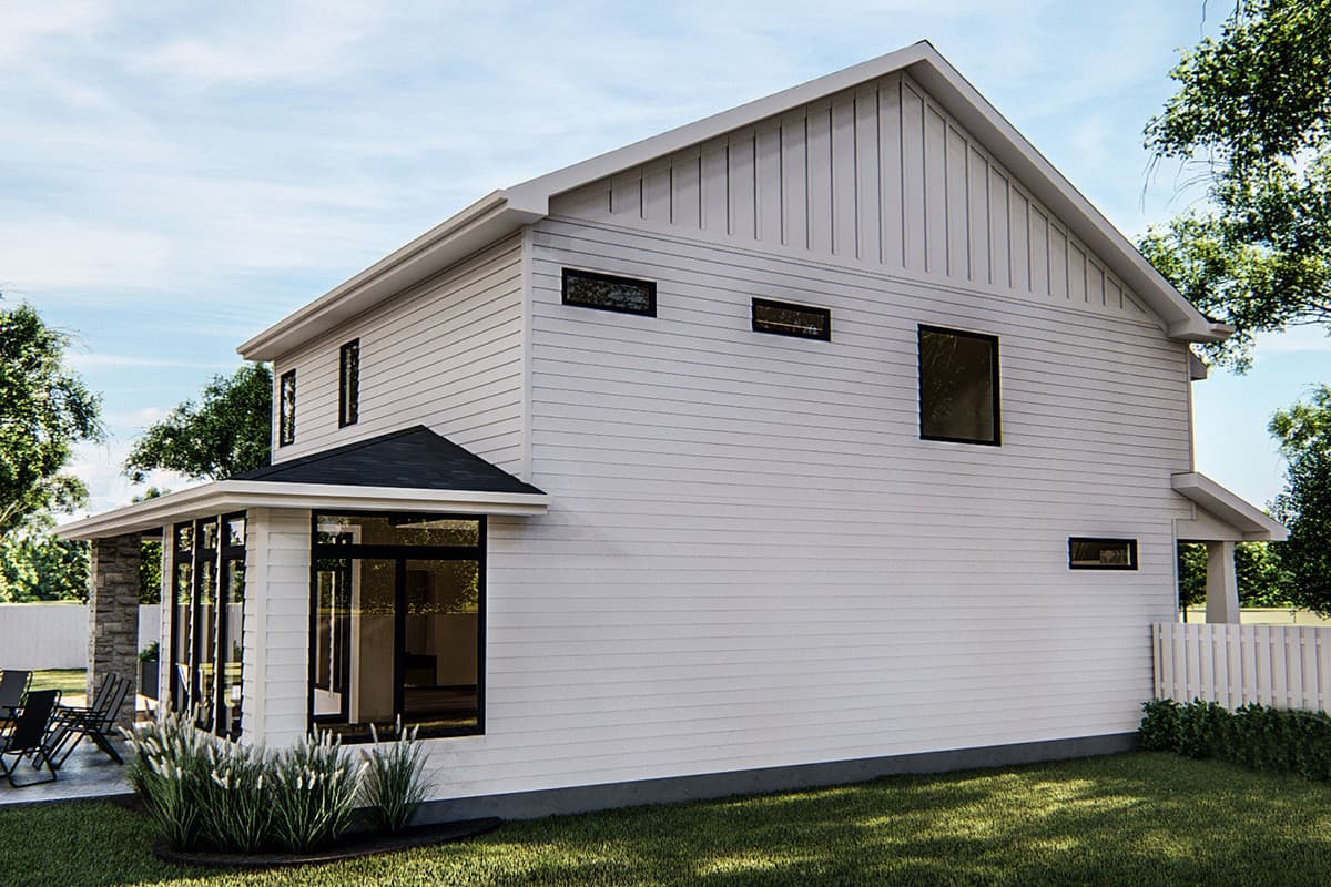 Modern house plan exterior, two stories, with vertical siding gable, horizontal siding, large windows, and covered stone patio.