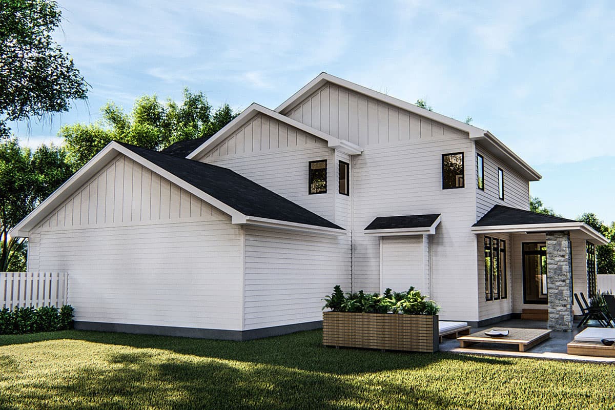 Two-story house plan exterior with white siding, dark roof, gables, and stone-clad porch.