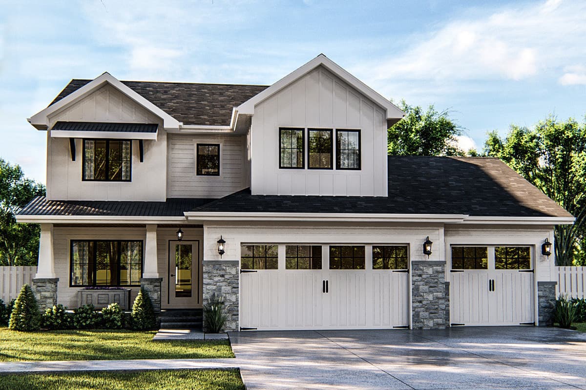 House plan exterior. Two-story Modern Farmhouse with gables, stone accents, and a front-facing, multi-car garage.
