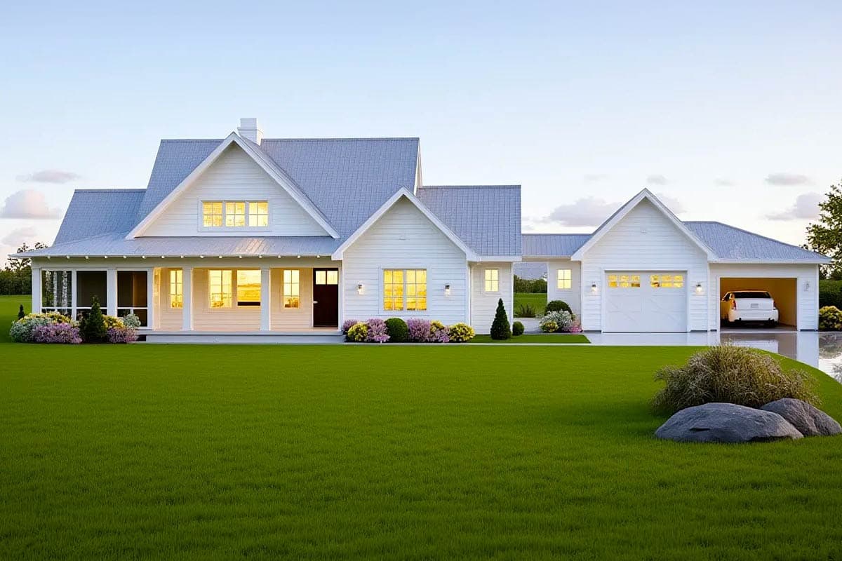 Modern Farmhouse house plan exterior with a prominent screened porch, multiple gables, and a three-car side-entry garage.