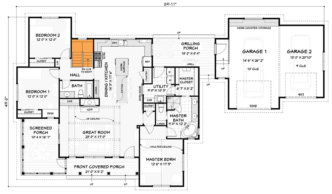 Plan 28924JJ: Modern Farmhouse with Semi-Attached Garage - Floor Plan - Basement Stair Location - Cottage, Country, Farmhouse, Modern Farmhouse, New American, Ranch