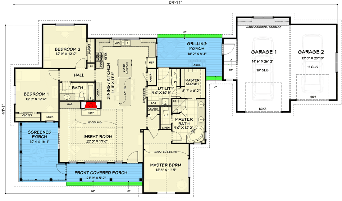 Plan 28924JJ: Modern Farmhouse with Semi-Attached Garage - Floor Plan - Main Level - Cottage, Country, Farmhouse, Modern Farmhouse, New American, Ranch