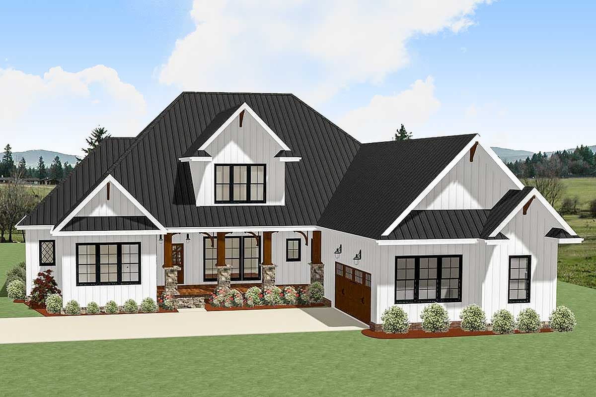 Modern Farmhouse house plan exterior with a gabled roof, dormers, and a front porch. Features include a side-entry garage and board-and-batten siding.