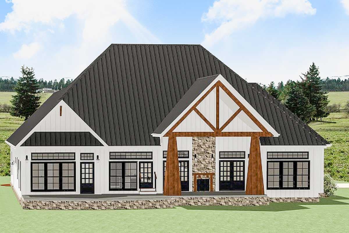 House plan exterior: Modern Farmhouse style, one story, with metal roof, prominent gables, stone base, and timber-framed entry.