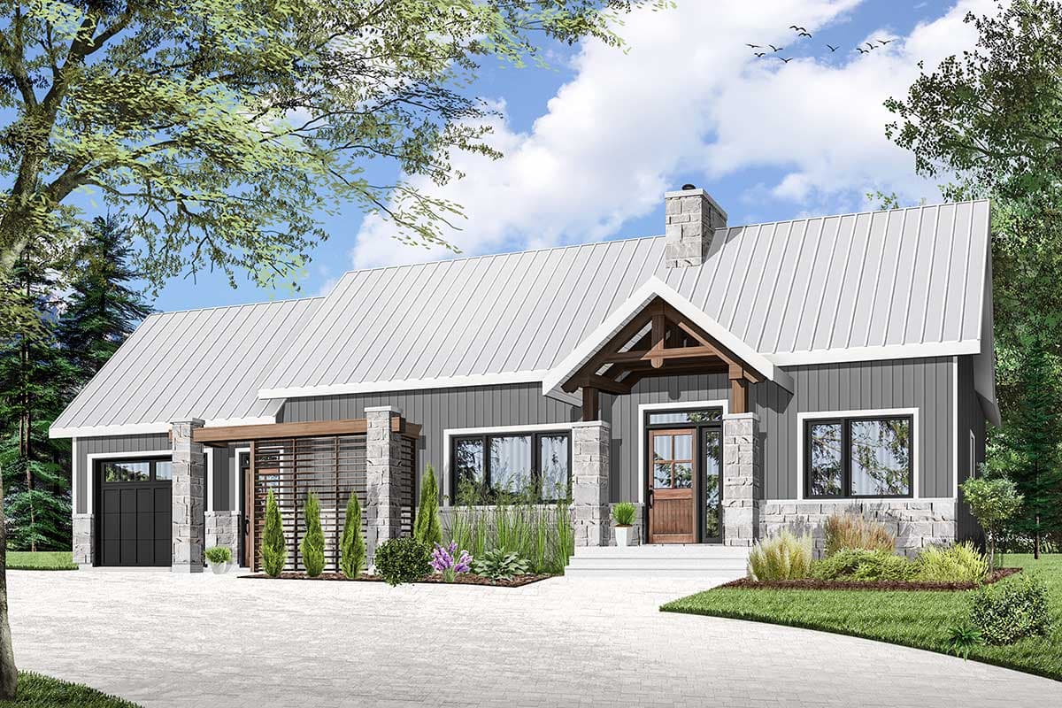 House plan exterior: Modern farmhouse style, one story, with metal roof, stone accents, covered entry, and attached garage.