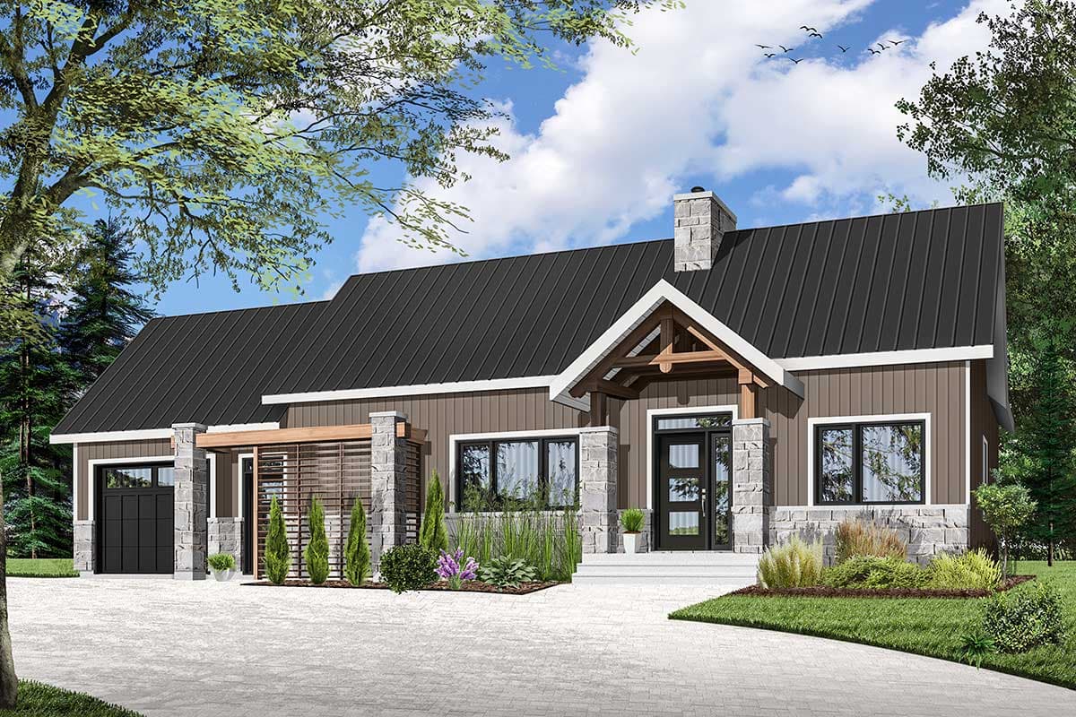 Modern Ranch house plan exterior with stone accents, metal roof, covered entry with timber frame, and attached garage.